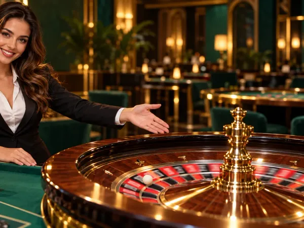 as8 female dealer presenting a roulette wheel and chips at a green casino table