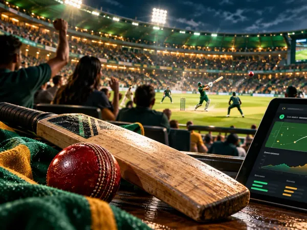 as8 cricket bat and ball beside a fictional match dashboard in a floodlit stadium