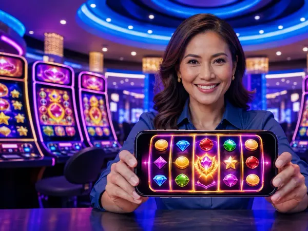 as8 woman presenting a phone with fruit reels against blue casino lighting
