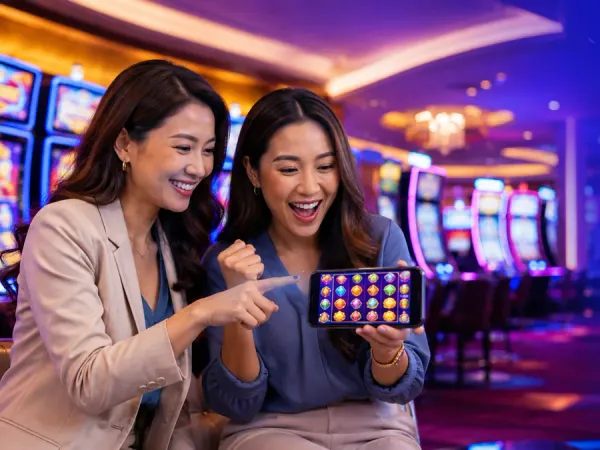 as8 two women looking at fruit reels on a smartphone in a casino setting