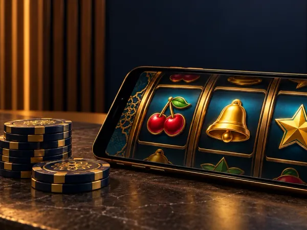 as8 smartphone showing illustrated fruit, bell and star reels beside casino chips