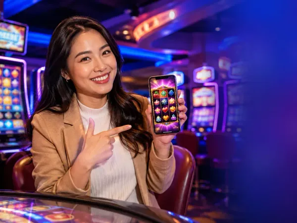 as8 woman pointing at a phone with illustrated reels in a casino setting