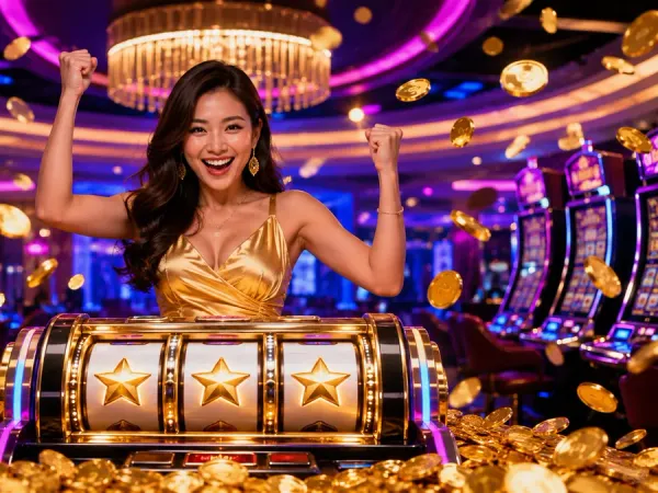 as8 woman behind a star-symbol slot machine surrounded by illustrated gold coins