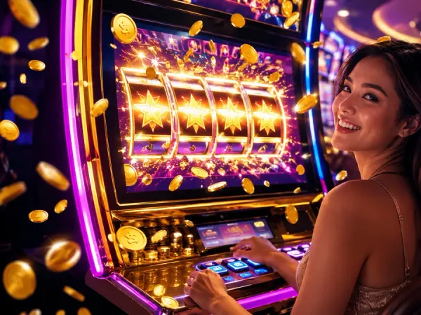 as8 woman looking towards golden slot reels with star symbols