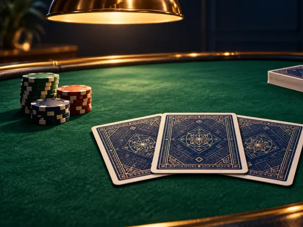 as8 three face-down blue playing cards with chips and a deck on a green table