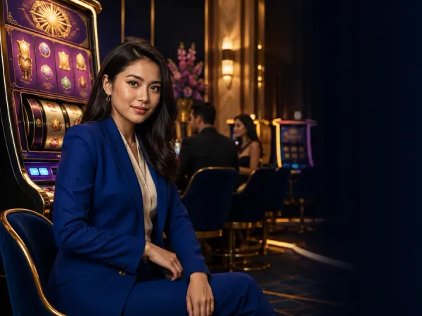 as8 woman in a blue suit seated beside slot machines in a warm-lit lounge