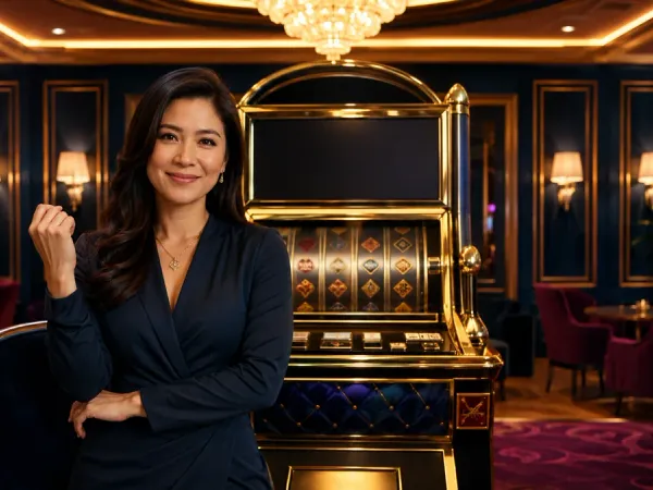 as8 woman seated before a gold-framed slot machine in an elegant lounge
