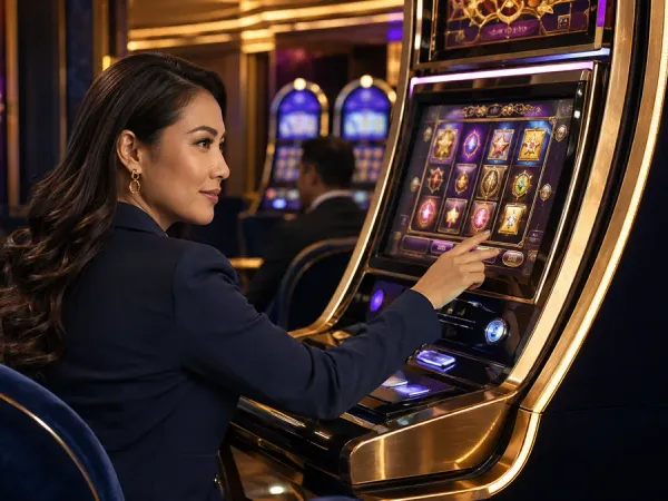 as8 seated woman looking back from a slot machine with golden trim