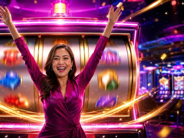as8 woman raising her arms before a large illuminated slot machine