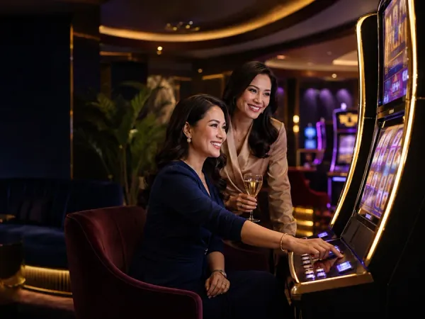 as8 two women seated together at slot machines in a dark lounge