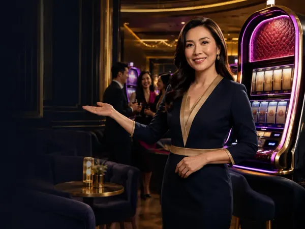 as8 woman in a dark blazer beside a slot machine in a dim lounge