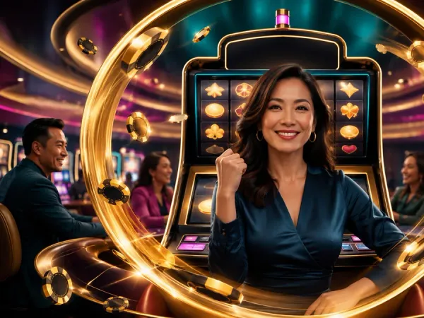 as8 woman in a blue blouse framed by a gold ring in front of slot reels