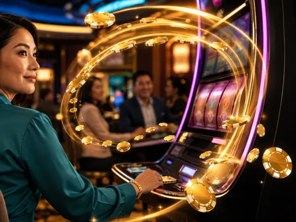 as8 seated woman looking towards a slot machine surrounded by gold light trails
