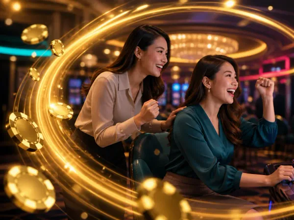 as8 two women beside slot machines with a curved golden light trail
