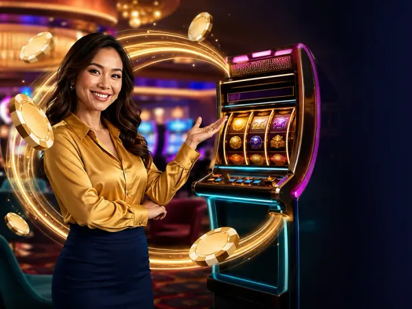 as8 woman in a gold blouse presenting a slot machine with a sweeping gold arrow