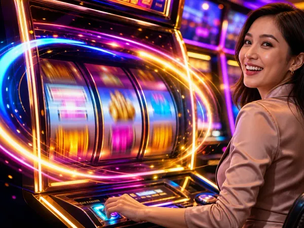 as8 seated woman turning towards a brightly illuminated slot machine