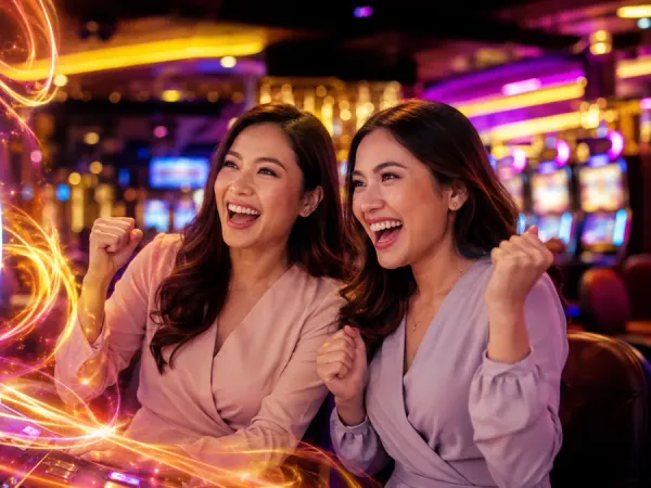 as8 two women watching slot reels surrounded by pink and gold lighting