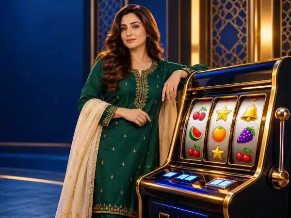 as8 woman in an emerald long-sleeved outfit and cream scarf beside fruit slot reels