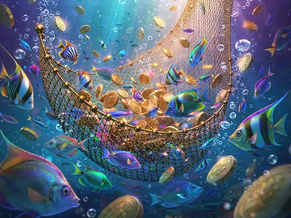 as8 fish and gold coins surrounding an underwater net