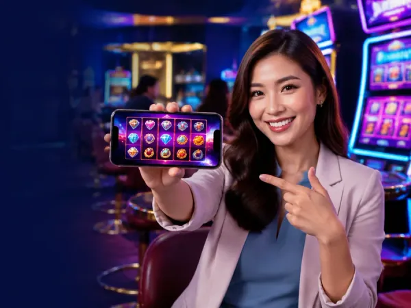 as8 woman holding a phone horizontally with colourful fruit reels on its screen
