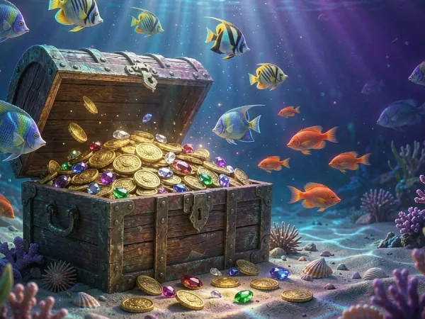 as8 open treasure chest with coins and fish underwater