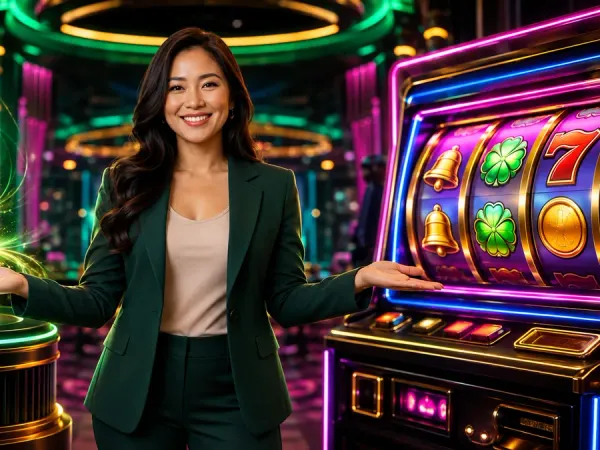 as8 woman presenting a glowing phone on a pedestal beside fruit slot reels