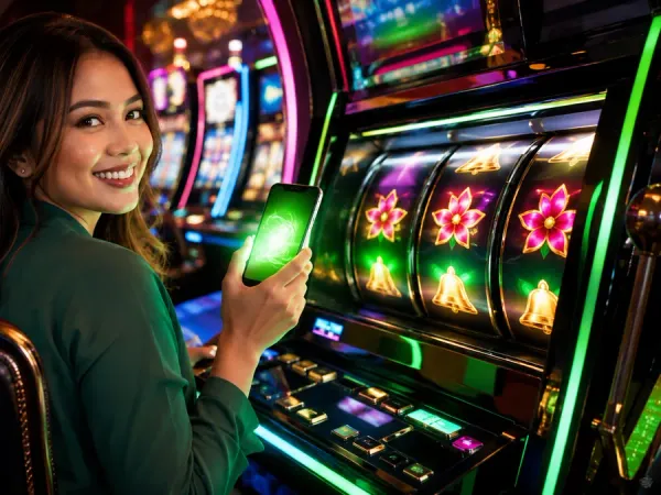 as8 seated woman holding a green-lit phone beside a slot machine