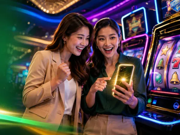 as8 two women looking at a smartphone beside green-lit slot machines
