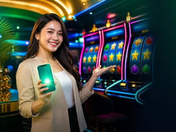 as8 woman in a beige blazer holding a smartphone near colourful slot machines